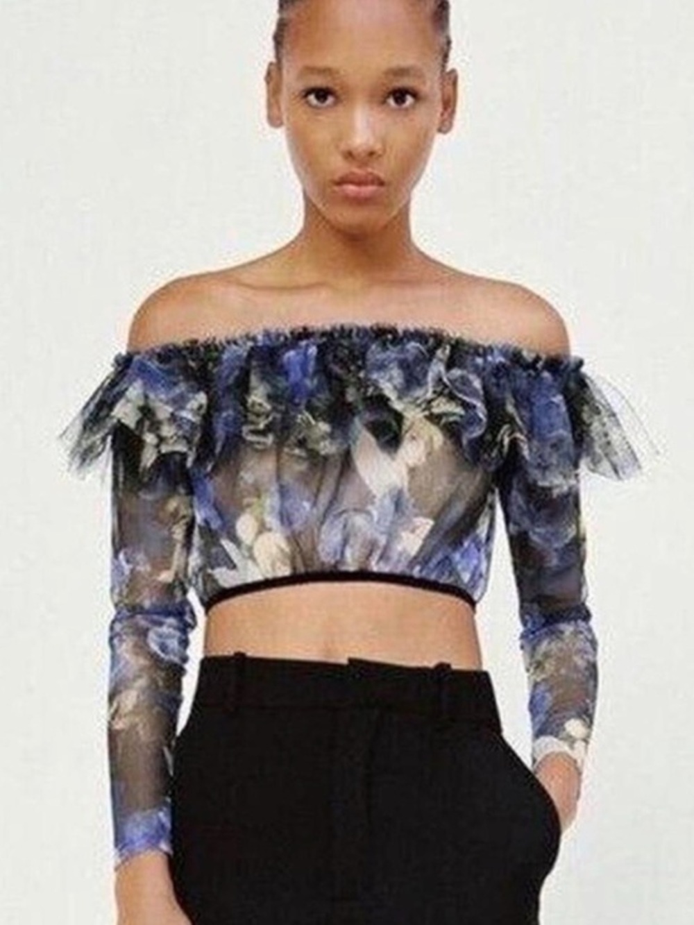 Zara Disney Peter Pan Mesh Off Shoulder Crop Top Blue Fairy Floral Whimsy M